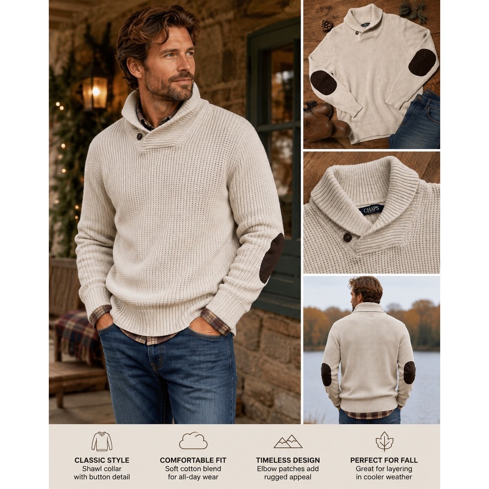 CHAPS Men's Shawl Collar Knit Sweater M Oatmeal Elbow Patch Waffle Knit Pullover